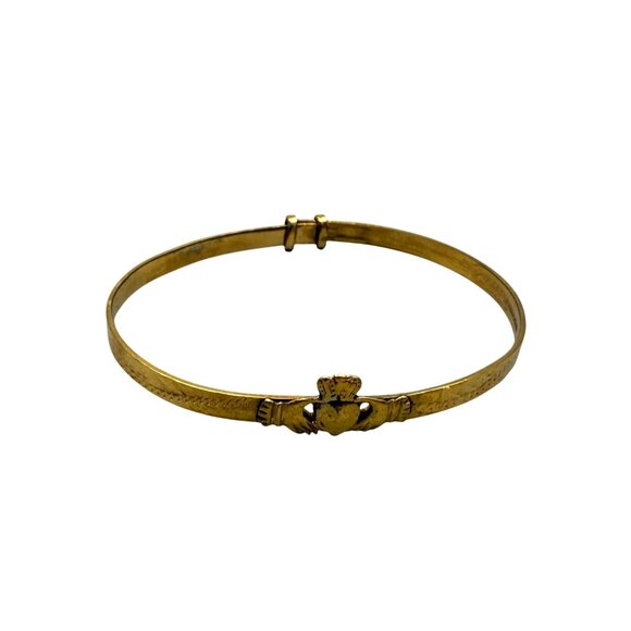 KJ Gf-G Plated Adjustable Etched Irish Claddagh Bangle Bracelet Ethnic - Picture 1 of 7